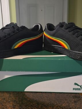 Puma Men’s Black Low-Top Sneakers with Green, Yellow & Red Stripe